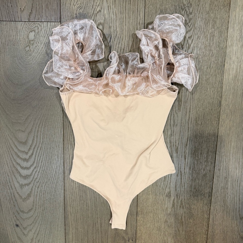 Free People Haute Wired Ruffle Bodysuit in Light Sand